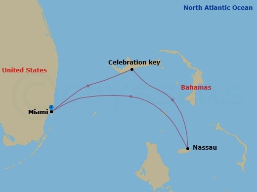Route map: Miami → Celebration Key, The Bahamas → Nassau → Miami