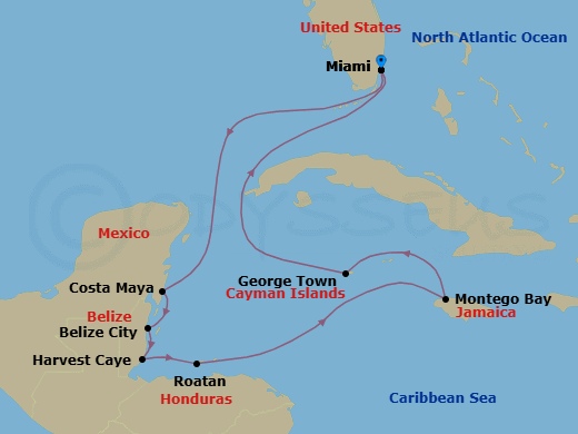 Route map: Miami → Costa Maya → Belize City → Harvest Caye → Roatan → Montego Bay → George Town → Miami