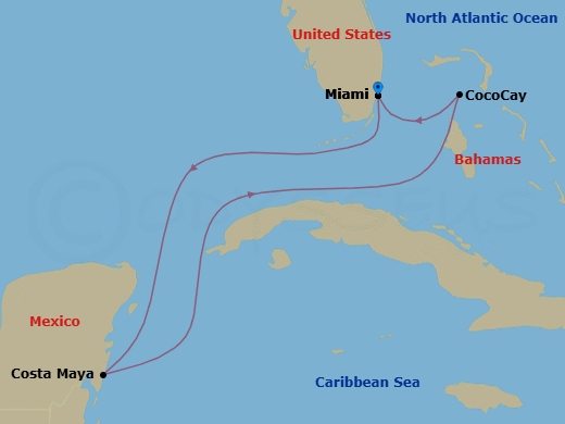 Route map: Miami, Florida → Puerto Costa Maya, Mexico → Perfect Day Cococay, Bahamas → Miami, Florida
