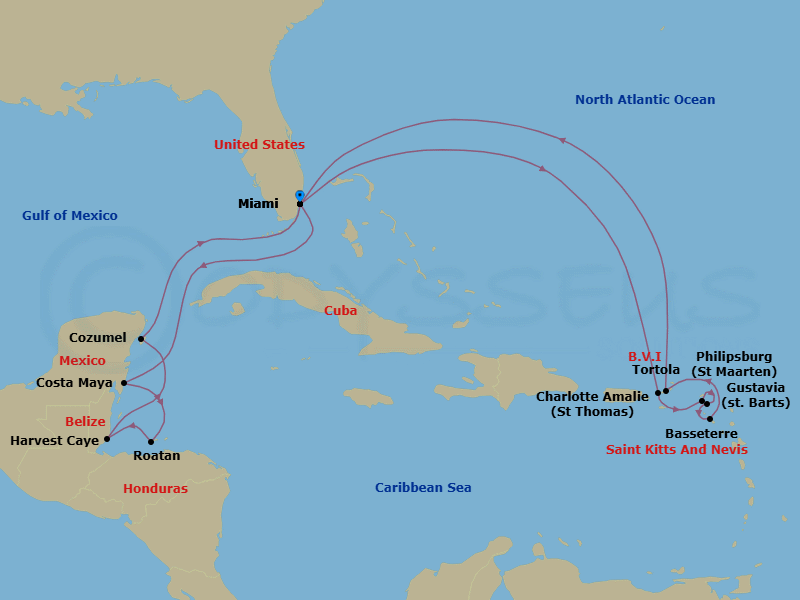 Route map: Miami → Costa Maya → Roatan → Harvest Caye → Cozumel → Miami → Charlotte Amalie → Philipsburg → Gustavia → Basseterre
