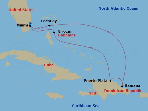Route map: Miami, Florida → Perfect Day Cococay, Bahamas → Samana, Dominican Republic → Puerto Plata, Dominican Rep → Nassau, Bahamas → Miami, Florida