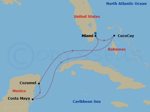 Route map: Miami, Florida → Perfect Day Cococay, Bahamas → Cozumel, Mexico → Puerto Costa Maya, Mexico → Miami, Florida