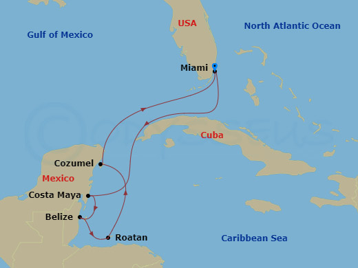 Route map: Miami → Costa Maya → Belize City → Roatan → Cozumel → Miami