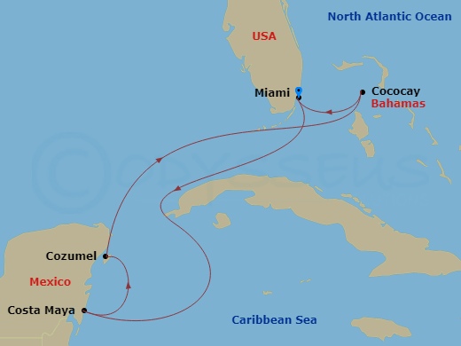 Route map: Miami, Florida → Puerto Costa Maya, Mexico → Cozumel, Mexico → Perfect Day Cococay, Bahamas → Miami, Florida
