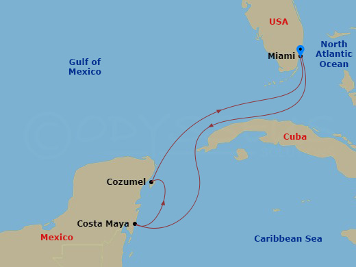 Route map: Miami, Florida → Puerto Costa Maya, Mexico → Cozumel, Mexico → Miami, Florida