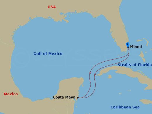 Route map: Miami, Florida → Puerto Costa Maya, Mexico → Miami, Florida
