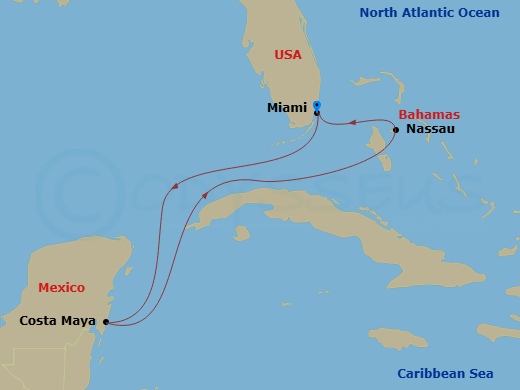 Route map: Miami, Florida → Puerto Costa Maya, Mexico → Nassau, Bahamas → Miami, Florida