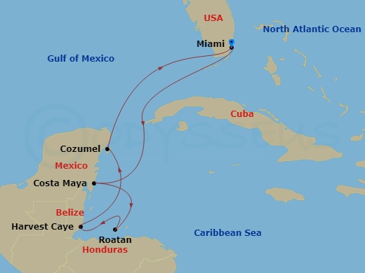 Route map: Miami → Costa Maya → Roatan → Harvest Caye → Cozumel → Miami
