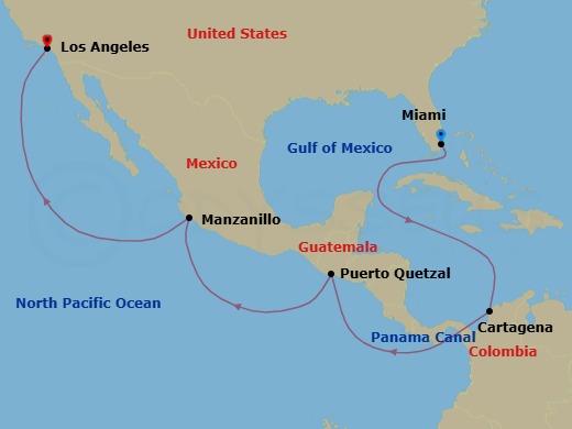 Route map: Miami, FL, USA → Cartagena, Colombia → Transit the Panama Canal,     Panama (Full Transit) → Puerto Quetzal, Guatemala → Manzanillo, Mexico → Los Angeles, CA, USA