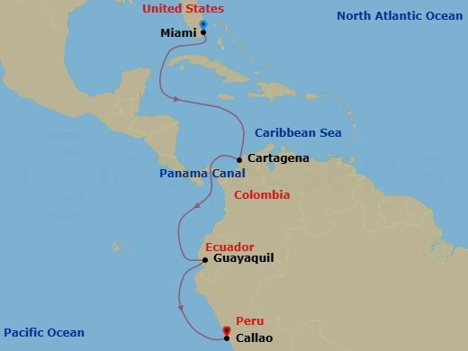Route map: Miami → Cartagena → Panama Canal → Guayaquil → Callao