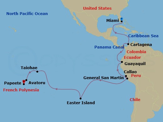 Route map: Miami → Cartagena → Panama Canal → Guayaquil → Callao → General San Martin → Easter Island → Papeete, French Polynesia → Cross International Dateline → Papeete