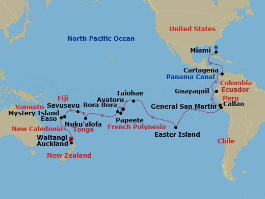 Route map: Miami → Cartagena → Panama Canal → Guayaquil → Callao → General San Martin → Easter Island → Papeete, French Polynesia → Cross International Dateline → Papeete
