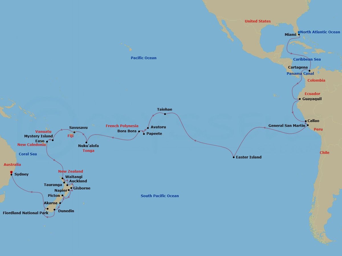 Route map: Miami, Florida, US → Cartagena, Colombia → Crossing the Equator → Guayaquil, Ecuador → Callao (Lima), Peru → General San Martin (Pisco), Peru → Easter Island, Chile → Taiohae, Nuku Hiva, French Polynesia → Avatoru, Rangiroa, French Polynesia → Papeete, French Polynesia
