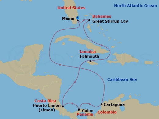 Route map: Miami, Fl → Cartagena  Colombia → Panama Canal Gatun Lake Panama → Colon, Panama → Puerto Limon, Costa Rica → Falmouth, Jamaica → Great Stirrup Cay, Bahamas → Miami, Fl
