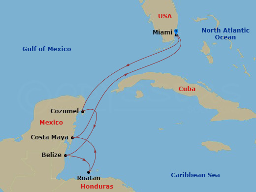 Route map: Miami → Cozumel → Belize City → Roatan → Costa Maya → Miami