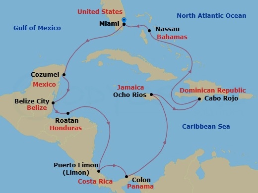 Route map: Miami → Cozumel → Belize City → Roatan → Puerto Limon → Panama Canal - Gatun Yacht Club → Colon → Ocho Rios → Cabo Rojo → Nassau