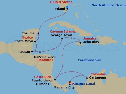 Route map: Miami → Cozumel → Costa Maya → Harvest Caye → Roatan → George Town → Ocho Rios → Puerto Limon → Cartagena → Panama Canal Transit