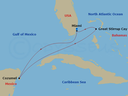 Route map: Miami, Fl → Cozumel, Mexico → Great Stirrup Cay, Bahamas → Miami, Fl