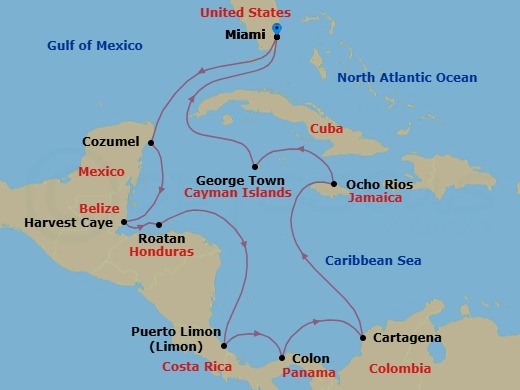 Route map: Miami → Cozumel → Harvest Caye → Roatan → Puerto Limon → Panama Canal - Gatun Yacht Club → Colon → Cartagena → Ocho Rios → George Town