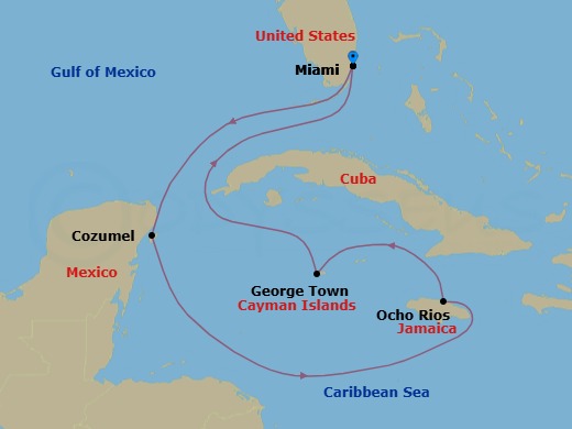 Route map: Miami → Cozumel → Ocho Rios → George Town → Miami
