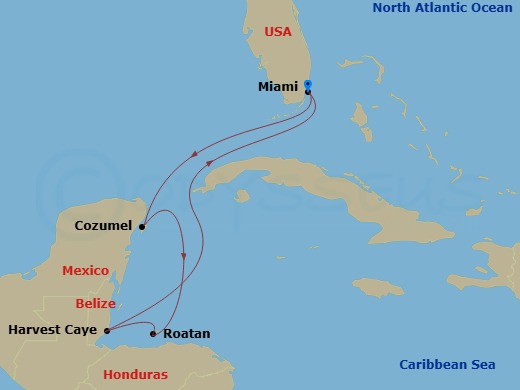 Route map: Miami → Cozumel → Roatan → Harvest Caye → Miami