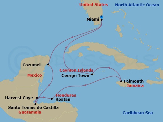Route map: Miami → Cozumel → Santo Tomas De Castilla → Harvest Caye → Roatan → Falmouth → George Town → Miami