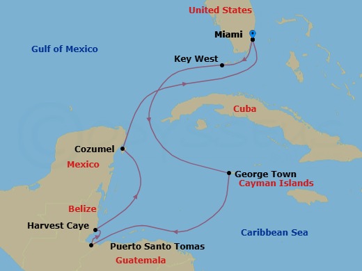 Route map: Miami → Key West → George Town → Santo Tomas → Harvest Caye → Cozumel → Miami