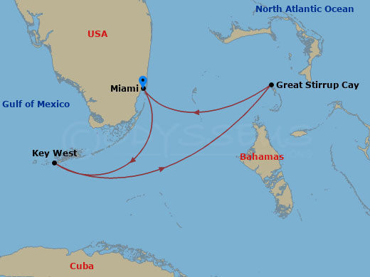 Route map: Miami, Fl → Key West, Fl → Great Stirrup Cay, Bahamas → Miami, Fl