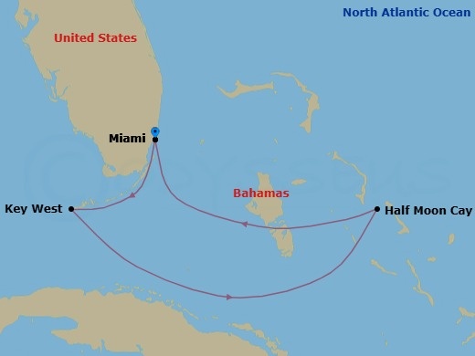 Route map: Miami, Florida, US → Key West, Florida, US → RelaxAway Half Moon Cay, Bahamas → Miami, Florida, US