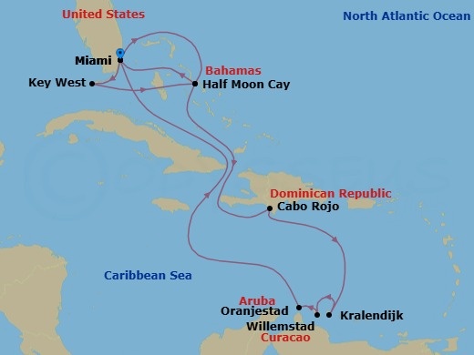 Route map: Miami, Florida, US → Key West, Florida, US → RelaxAway Half Moon Cay, Bahamas → Miami, Florida, US → RelaxAway Half Moon Cay, Bahamas → Cabo Rojo, Dominican Republic → Kralendijk, Bonaire → Willemstad, Curacao → Oranjestad, Aruba → Miami, Florida, US