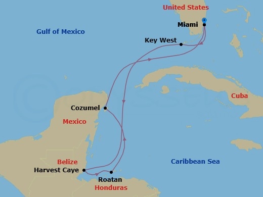 Route map: Miami → Key West → Harvest Caye → Roatan → Cozumel → Miami