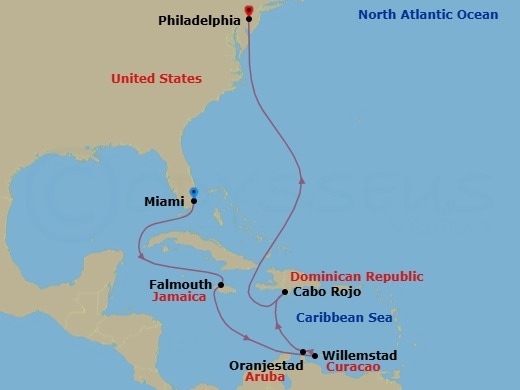 Route map: Miami, Fl → Falmouth, Jamaica → Willemstad, Netherland Antilles → Oranjestad, Aruba → Cabo Rojo, Dominican Republic → Philadelphia, Pa
