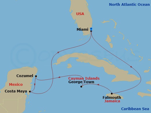 Route map: Miami, Florida → Falmouth, Jamaica → George Town, Grand Cayman → Cozumel, Mexico → Puerto Costa Maya, Mexico → Miami, Florida