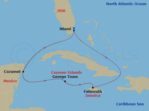 Route map: Miami, Florida → Falmouth, Jamaica → George Town, Grand Cayman → Cozumel, Mexico → Miami, Florida