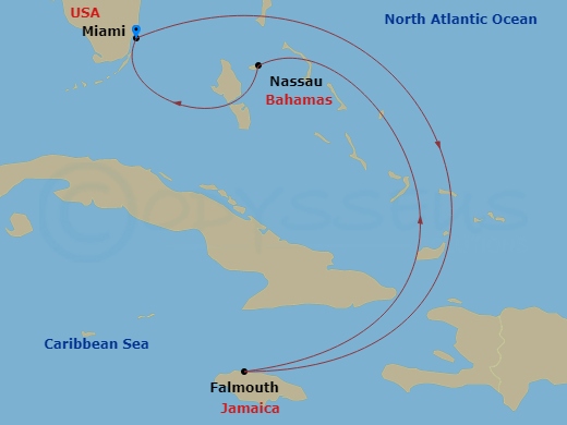 Route map: Miami, Florida → Falmouth, Jamaica → Nassau, Bahamas → Miami, Florida