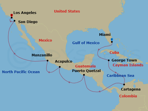 Route map: Miami → George Town → Cartagena → Panama Canal Daylight Transit → Puerto Quetzal → Acapulco → Manzanillo → San Diego → Los Angeles