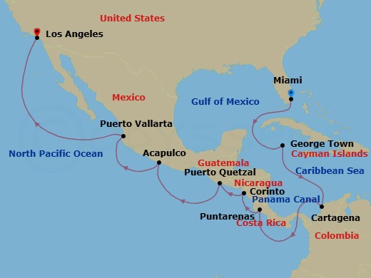 Route map: Miami → George Town → Cartagena → Panama Canal Daylight Transit → Puntarenas → Corinto → Puerto Quetzal → Acapulco → Puerto Vallarta → Los Angeles