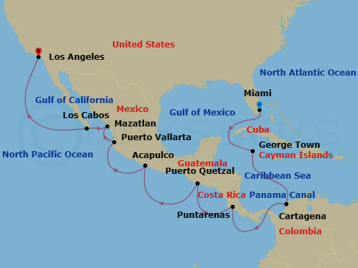 Route map: Miami → George Town → Cartagena → Panama Canal Daylight Transit → Puntarenas → Puerto Quetzal → Acapulco → Puerto Vallarta → Mazatlan → Cabo San Lucas