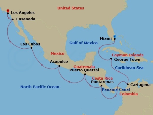 Route map: Miami → George Town → Cartagena → Panama Canal Daylight Transit → Puntarenas → Puerto Quetzal → Acapulco → Cabo San Lucas → Ensenada → Los Angeles