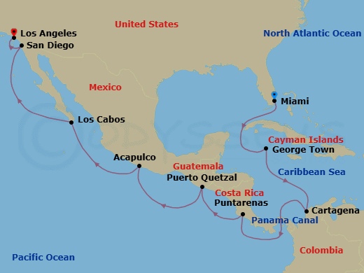 Route map: Miami → George Town → Cartagena → Panama Canal Transit → Puntarenas → Puerto Quetzal → Acapulco → Cabo San Lucas → San Diego → Los Angeles