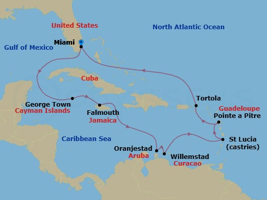 Route map: Miami → George Town → Falmouth → Oranjestad → Willemstad → Castries → Pointe A Pitre → Tortola → Miami