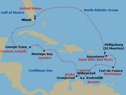Route map: Miami → George Town → Montego Bay → Oranjestad → Willemstad → Kralendijk → Fort-De-France → Basseterre → Philipsburg → Miami