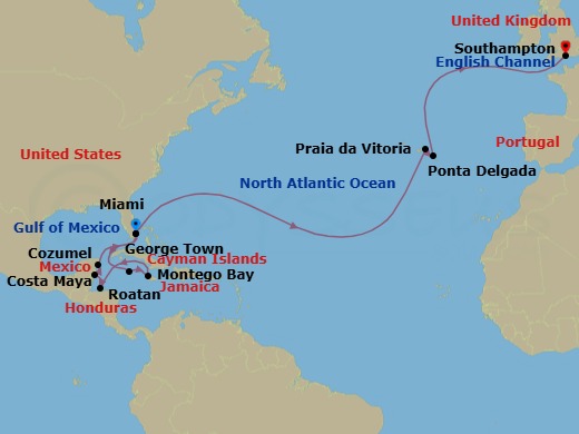 Route map: Miami, FL, USA → Grand Cayman, Cayman Islands → Montego Bay, Jamaica → Roatan, Honduras → Costa Maya, Mexico → Cozumel, Mexico → Miami, FL, USA → Praia da Vitoria, Azores,     Portugal → Ponta Delgada, Azores, Portugal → Southampton, England, UK