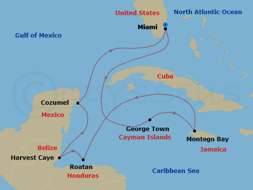 Route map: Miami → George Town → Montego Bay → Roatan → Harvest Caye → Cozumel → Miami