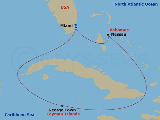 Route map: Miami, Florida → George Town, Grand Cayman → Nassau, Bahamas → Miami, Florida