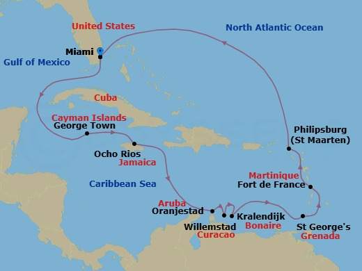 Route map: Miami → George Town → Ocho Rios → Oranjestad → Willemstad → Kralendijk → St. George's → Fort-De-France → Philipsburg → Miami