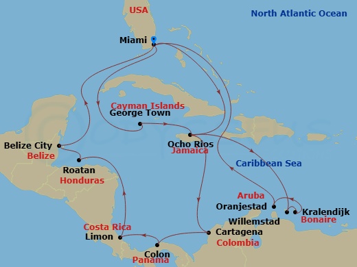 Route map: Miami Florida → George Town Cayman Islands → Ocho Rios Jamaica → Willemstad Curacao → Kralendijk Bonaire → Oranjestad Aruba → Miami Florida → Ocho Rios Jamaica → Cartagena Colombia → Colon Panama