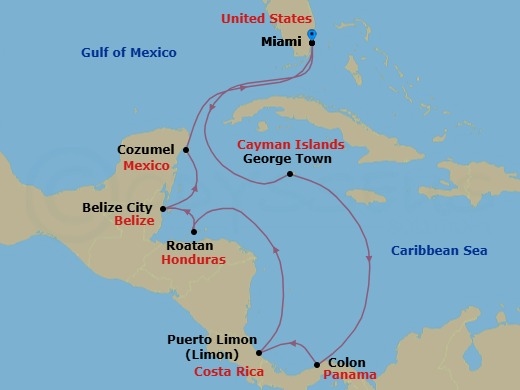 Route map: Miami → George Town → Panama Canal - Gatun Yacht Club → Colon → Puerto Limon → Roatan → Belize City → Cozumel → Miami