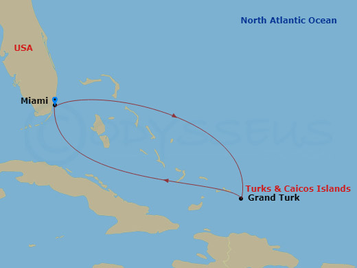 Route map: Miami, Florida → Grand Turk, Turks & Caicos → Miami, Florida