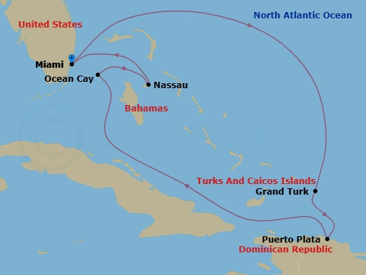Route map: Miami Florida → Grand Turk Island Turks and Caicos → Puerto Plata Dominican Republic → Ocean Cay MSC Marine Reserve Bahamas → Nassau Bahamas → Miami Florida